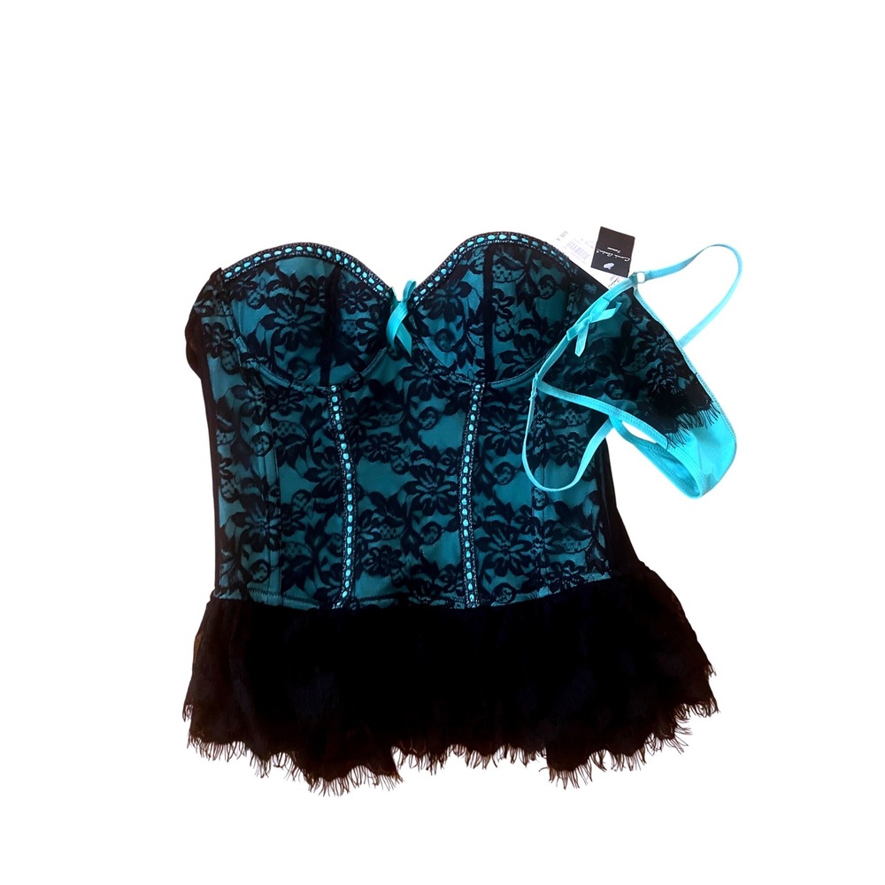 Carrie Amber Intimates Corset Bustier Set Teal Black Lace Ruffle 5086T Small